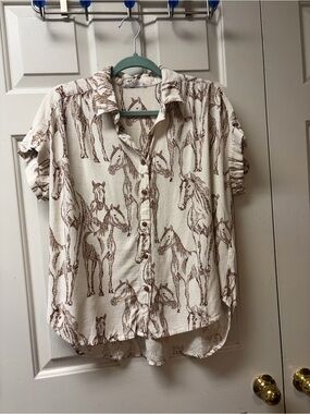 Jane and Delancey Cream Blouse with Brown Horse Print